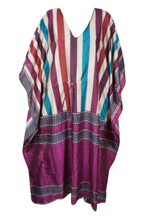 Womens Flowy Kaftan Maxi Dress, Purple ColorFul Stripe Printed Caftan, GIFT FOR MOM, Lightweight Recycle Sari Dresses L-2XL, One size