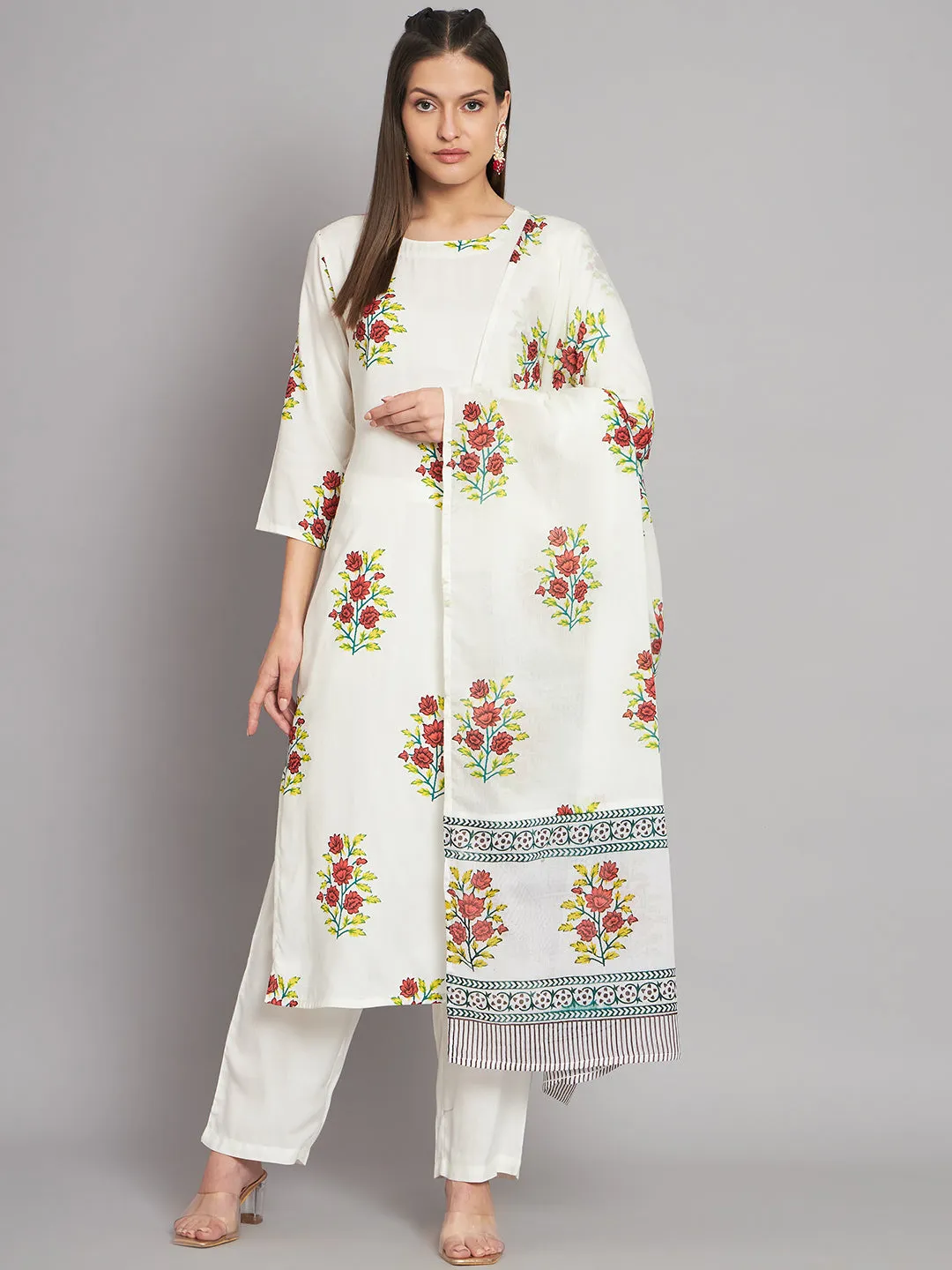 Women's Rayon White Straight Kurta Pant with Dupatta