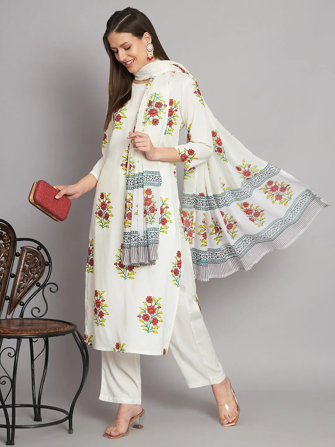 Women's Rayon White Straight Kurta Pant with Dupatta