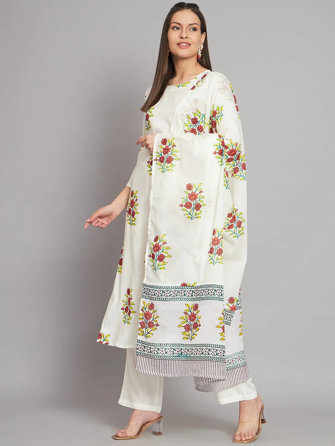 Women's Rayon White Straight Kurta Pant with Dupatta