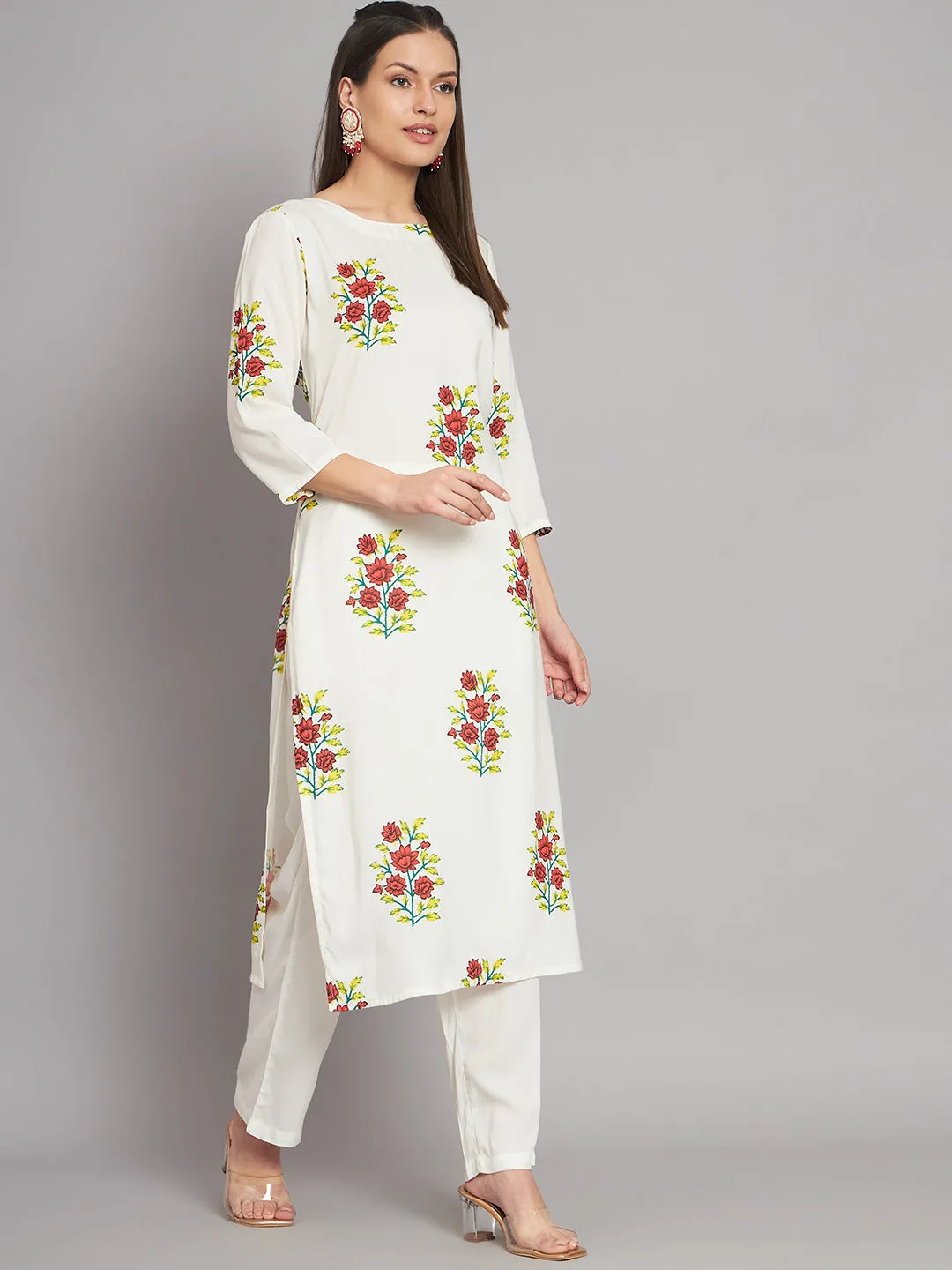 Women's Rayon White Straight Kurta Pant with Dupatta