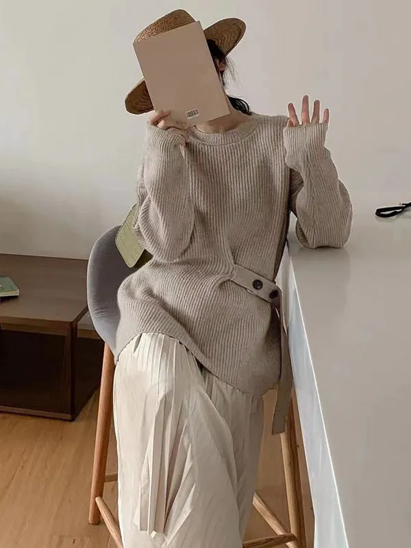 xakxx Casual Long Sleeves Loose Solid Color Round-Neck Sweater Tops
