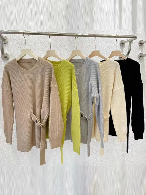 xakxx Casual Long Sleeves Loose Solid Color Round-Neck Sweater Tops
