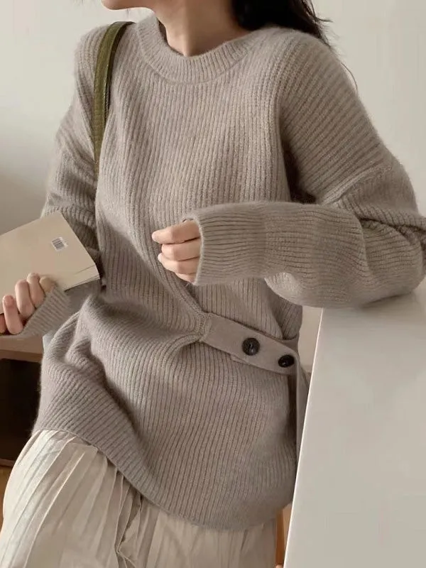 xakxx Casual Long Sleeves Loose Solid Color Round-Neck Sweater Tops