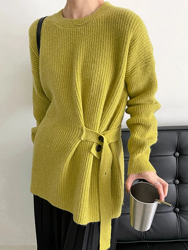 xakxx Casual Long Sleeves Loose Solid Color Round-Neck Sweater Tops