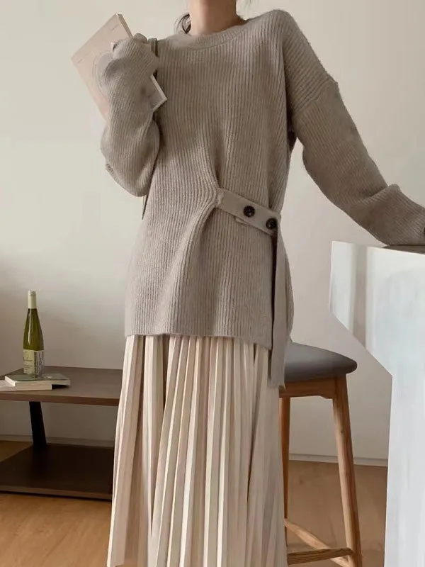xakxx Casual Long Sleeves Loose Solid Color Round-Neck Sweater Tops
