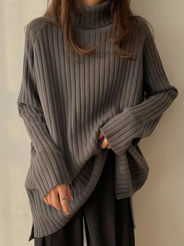 xakxx Casual Long Sleeves Loose Split-Side Solid Color High-Neck Sweater Tops