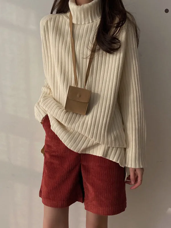 xakxx Casual Long Sleeves Loose Split-Side Solid Color High-Neck Sweater Tops