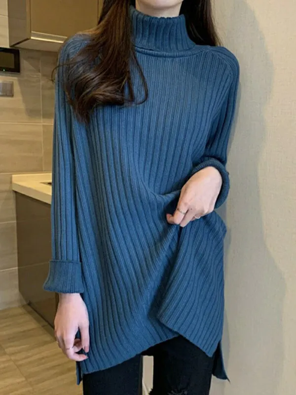 xakxx Casual Long Sleeves Loose Split-Side Solid Color High-Neck Sweater Tops
