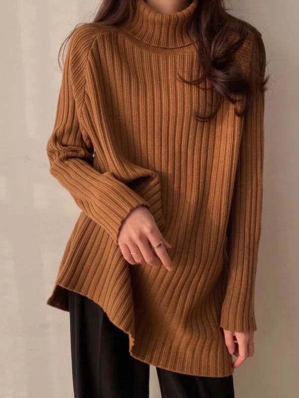 xakxx Casual Long Sleeves Loose Split-Side Solid Color High-Neck Sweater Tops