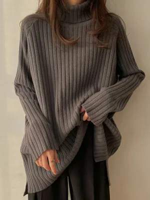 xakxx Casual Long Sleeves Loose Split-Side Solid Color High-Neck Sweater Tops