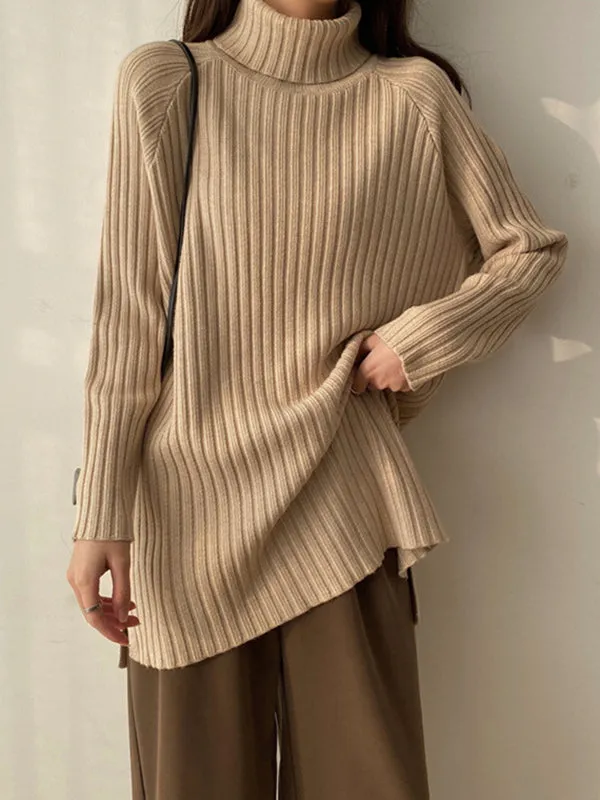 xakxx Casual Long Sleeves Loose Split-Side Solid Color High-Neck Sweater Tops