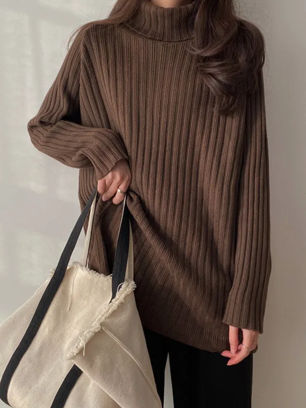 xakxx Casual Long Sleeves Loose Split-Side Solid Color High-Neck Sweater Tops