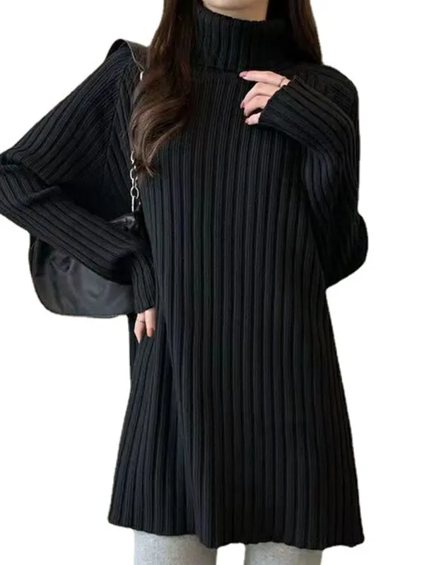 xakxx Casual Long Sleeves Loose Split-Side Solid Color High-Neck Sweater Tops
