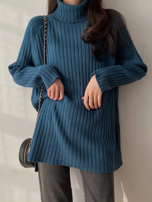xakxx Casual Long Sleeves Loose Split-Side Solid Color High-Neck Sweater Tops