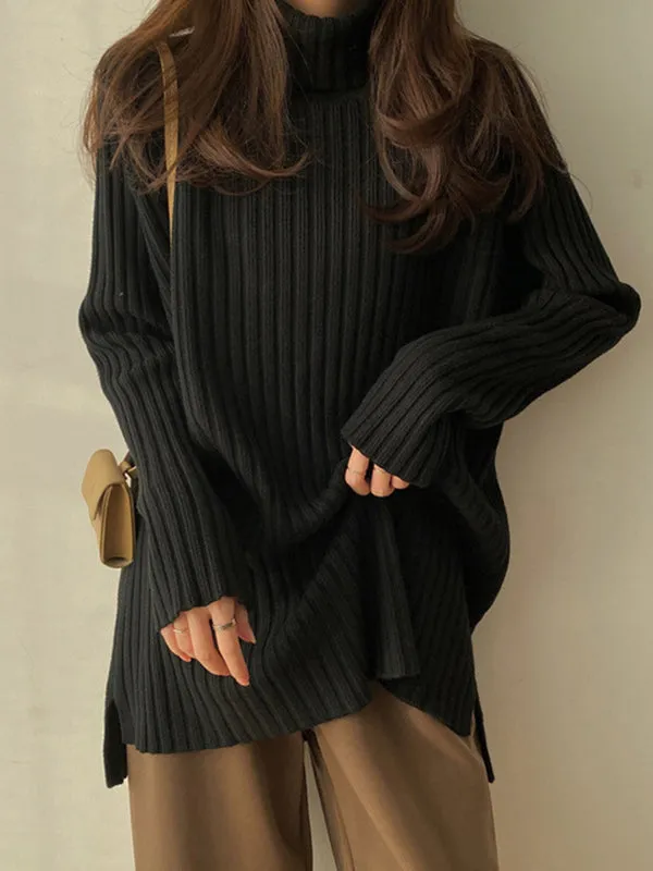 xakxx Casual Long Sleeves Loose Split-Side Solid Color High-Neck Sweater Tops