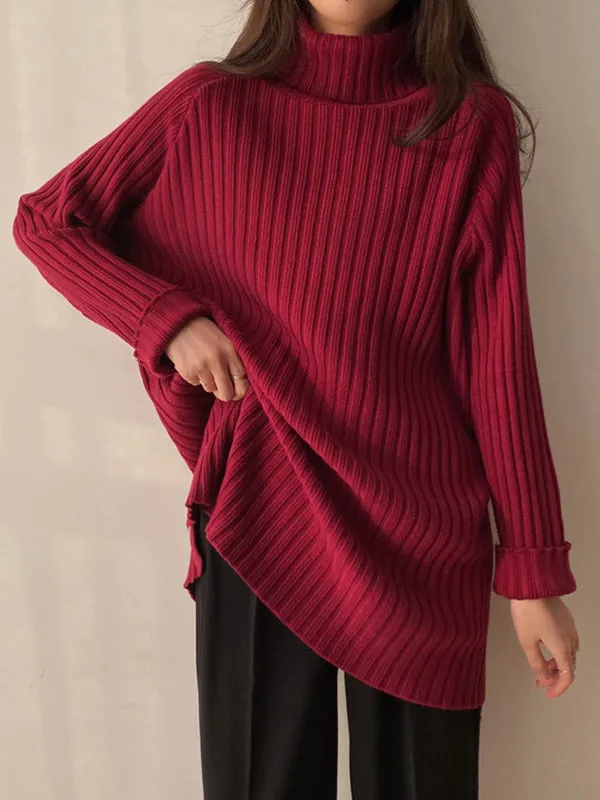 xakxx Casual Long Sleeves Loose Split-Side Solid Color High-Neck Sweater Tops