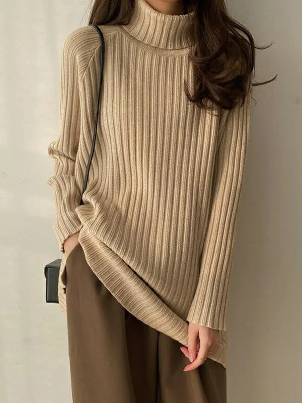 xakxx Casual Long Sleeves Loose Split-Side Solid Color High-Neck Sweater Tops