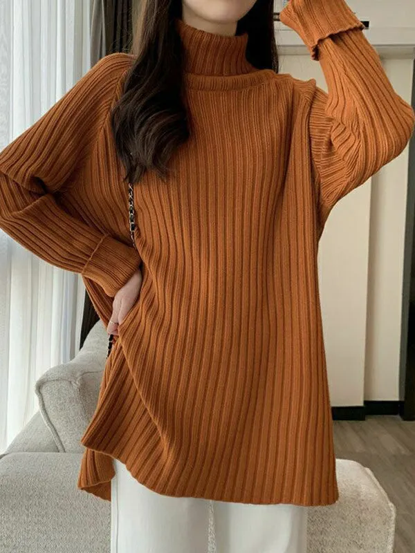 xakxx Casual Long Sleeves Loose Split-Side Solid Color High-Neck Sweater Tops
